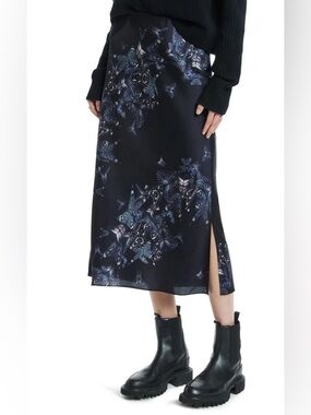 AllSaints Raya Diana Satin Midi Skirt Butterfly Print Black Size 8